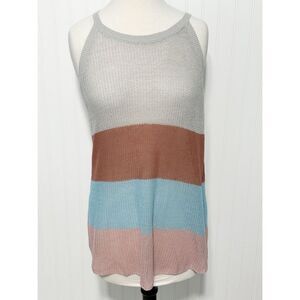 Women's Color Block Striped Knit‎ Tank Top Sleeveless Multi Color Gray Blue XL
